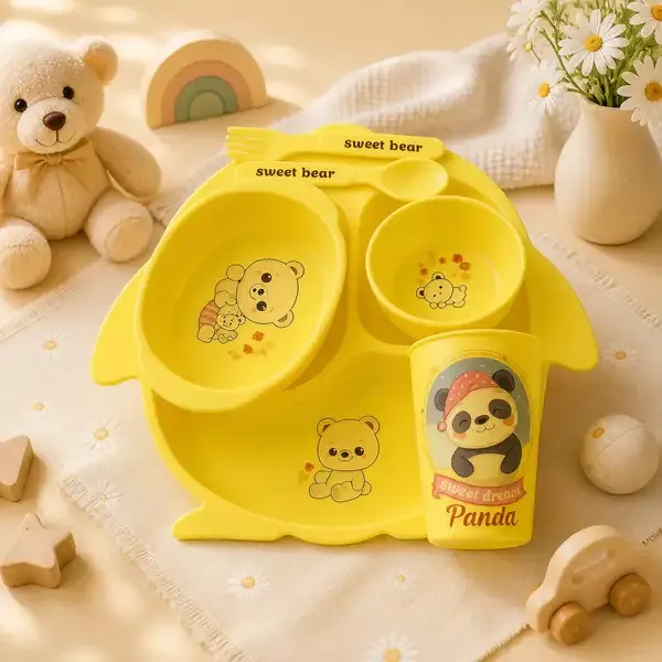 Pack_of_2_Feeding_Set_|_Kakiko™_6-Piece_Blue_Club_Baby_Feeding_Set_–_BPA-Free_&_Yellow_Dinnerware_Fish_Shaped_Divided_Plate_2_Bowls_1_Cup_1_Spoon_And_1_Fork