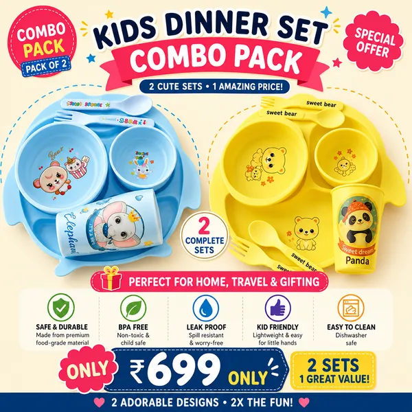 Pack_of_2_Feeding_Set_|_Kakiko™_6-Piece_Blue_Club_Baby_Feeding_Set_–_BPA-Free_&_Yellow_Dinnerware_Fish_Shaped_Divided_Plate_2_Bowls_1_Cup_1_Spoon_And_1_Fork