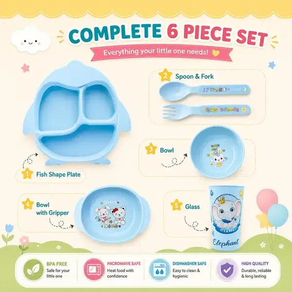 Pack_of_2_Feeding_Set_|_Kakiko™_6-Piece_Blue_Club_Baby_Feeding_Set_–_BPA-Free_&_Yellow_Dinnerware_Fish_Shaped_Divided_Plate_2_Bowls_1_Cup_1_Spoon_And_1_Fork