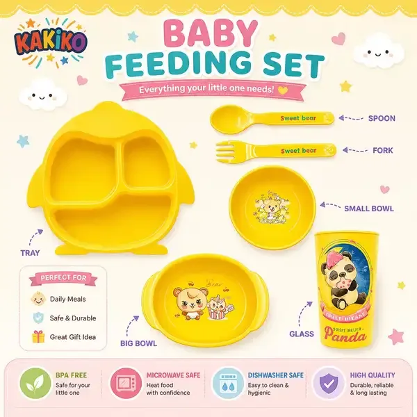 Pack_of_2_Feeding_Set_|_Kakiko™_6-Piece_Blue_Club_Baby_Feeding_Set_–_BPA-Free_&_Yellow_Dinnerware_Fish_Shaped_Divided_Plate_2_Bowls_1_Cup_1_Spoon_And_1_Fork