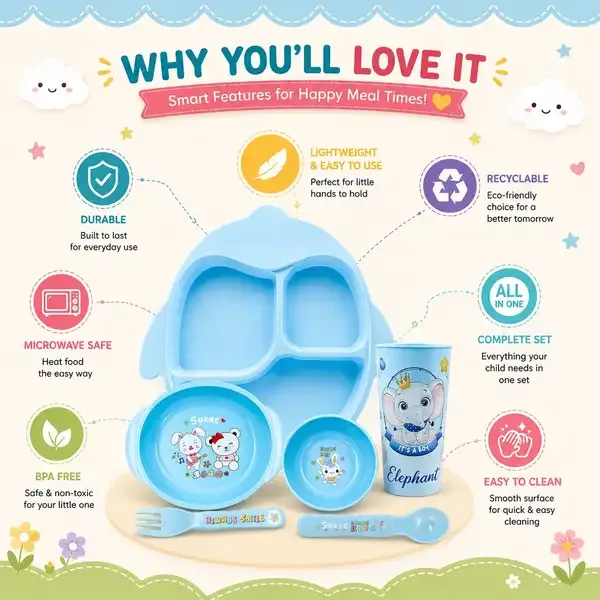 Pack_of_2_Feeding_Set_|_Kakiko™_6-Piece_Blue_Club_Baby_Feeding_Set_–_BPA-Free_&_Yellow_Dinnerware_Fish_Shaped_Divided_Plate_2_Bowls_1_Cup_1_Spoon_And_1_Fork