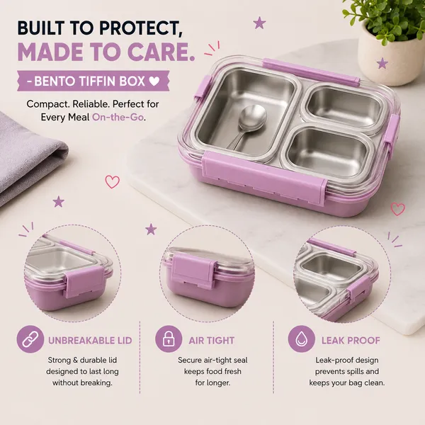 Kakiko™_Bento_Trio_Stainless_Steel_Lunch_Box_for_Kids_&_Adults_|_3_Compartments_|_Airtight_&_Leakproof_Tiffin_Box_|_BPA_Free_|_Food_Grade_|_Secure_Locking_Clips_|_Dishwasher_Safe_|_School,_Office_&_Travel_Lunch_Box_-_Violet_Colour
