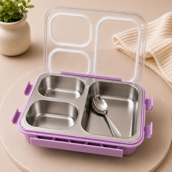 Kakiko™_Bento_Trio_Stainless_Steel_Lunch_Box_for_Kids_&_Adults_|_3_Compartments_|_Airtight_&_Leakproof_Tiffin_Box_|_BPA_Free_|_Food_Grade_|_Secure_Locking_Clips_|_Dishwasher_Safe_|_School,_Office_&_Travel_Lunch_Box_-_Violet_Colour
