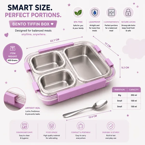 Kakiko™_Bento_Trio_Stainless_Steel_Lunch_Box_for_Kids_&_Adults_|_3_Compartments_|_Airtight_&_Leakproof_Tiffin_Box_|_BPA_Free_|_Food_Grade_|_Secure_Locking_Clips_|_Dishwasher_Safe_|_School,_Office_&_Travel_Lunch_Box_-_Violet_Colour