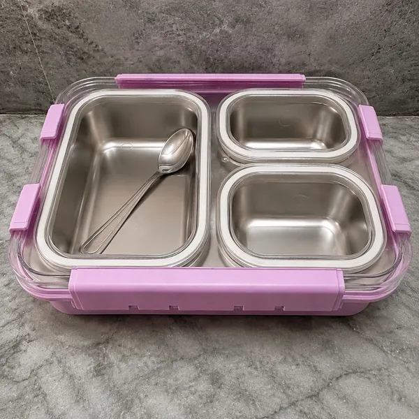 Kakiko™_Bento_Trio_Stainless_Steel_Lunch_Box_for_Kids_&_Adults_|_3_Compartments_|_Airtight_&_Leakproof_Tiffin_Box_|_BPA_Free_|_Food_Grade_|_Secure_Locking_Clips_|_Dishwasher_Safe_|_School,_Office_&_Travel_Lunch_Box_-_Violet_Colour