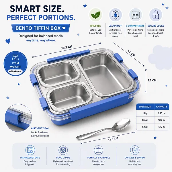 Kakiko™_Bento_Trio_Stainless_Steel_Lunch_Box_for_Kids_&_Adults_|_3_Compartments_|_Airtight_&_Leakproof_Tiffin_Box_|_BPA_Free_|_Food_Grade_|_Secure_Locking_Clips_|_Dishwasher_Safe_|_School,_Office_&_Travel_Lunch_Box