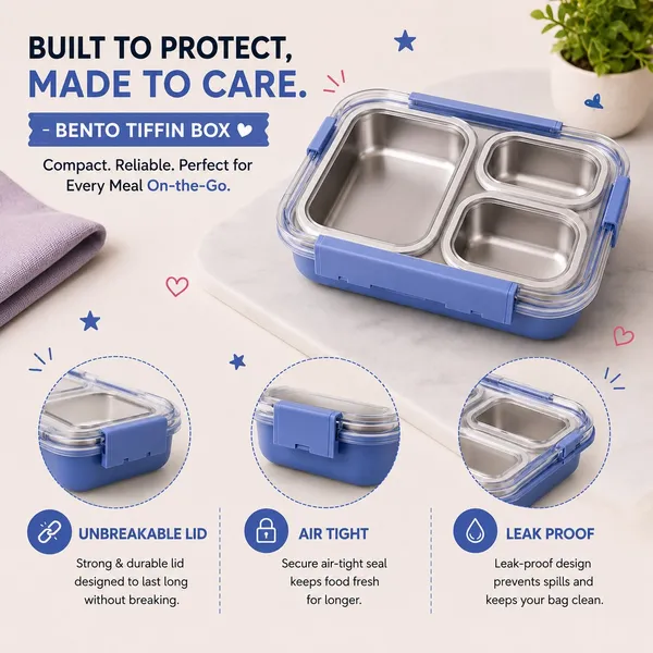 Kakiko™_Bento_Trio_Stainless_Steel_Lunch_Box_for_Kids_&_Adults_|_3_Compartments_|_Airtight_&_Leakproof_Tiffin_Box_|_BPA_Free_|_Food_Grade_|_Secure_Locking_Clips_|_Dishwasher_Safe_|_School,_Office_&_Travel_Lunch_Box