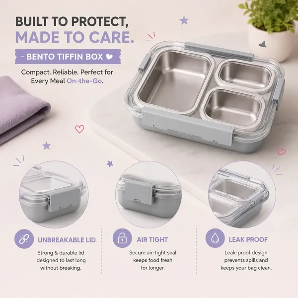 Kakiko™_Bento_Trio_Stainless_Steel_Lunch_Box_for_Kids_&_Adults_|_3_Compartments_|_Airtight_&_Leakproof_Tiffin_Box_|_BPA_Free_|_Food_Grade_|_Secure_Locking_Clips_|_Dishwasher_Safe_|_School,_Office_&_Travel_Lunch_Box_-_Grey_Colour