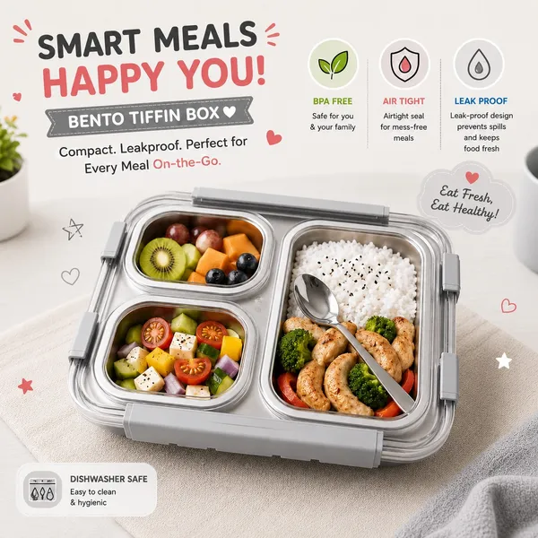 Kakiko™_Bento_Trio_Stainless_Steel_Lunch_Box_for_Kids_&_Adults_|_3_Compartments_|_Airtight_&_Leakproof_Tiffin_Box_|_BPA_Free_|_Food_Grade_|_Secure_Locking_Clips_|_Dishwasher_Safe_|_School,_Office_&_Travel_Lunch_Box_-_Grey_Colour