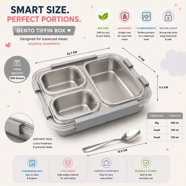 Kakiko™_Bento_Trio_Stainless_Steel_Lunch_Box_for_Kids_&_Adults_|_3_Compartments_|_Airtight_&_Leakproof_Tiffin_Box_|_BPA_Free_|_Food_Grade_|_Secure_Locking_Clips_|_Dishwasher_Safe_|_School,_Office_&_Travel_Lunch_Box_-_Grey_Colour