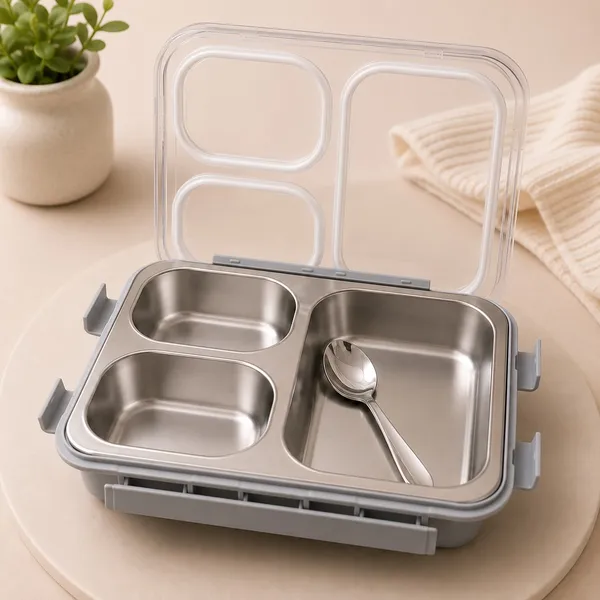 Kakiko™_Bento_Trio_Stainless_Steel_Lunch_Box_for_Kids_&_Adults_|_3_Compartments_|_Airtight_&_Leakproof_Tiffin_Box_|_BPA_Free_|_Food_Grade_|_Secure_Locking_Clips_|_Dishwasher_Safe_|_School,_Office_&_Travel_Lunch_Box_-_Grey_Colour