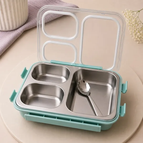 Kakiko™_Bento_Trio_Stainless_Steel_Lunch_Box_for_Kids_&_Adults_|_3_Compartments_|_Airtight_&_Leakproof_Tiffin_Box_|_BPA_Free_|_Food_Grade_|_Secure_Locking_Clips_|_Dishwasher_Safe_|_School,_Office_&_Travel_Lunch_Box_-_Sea_Green_colour