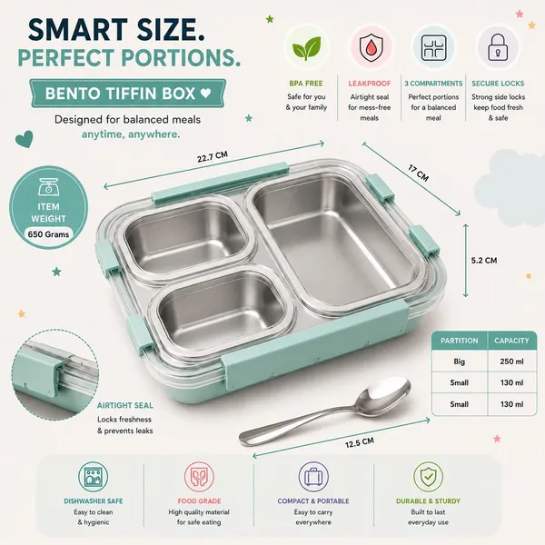 Kakiko™_Bento_Trio_Stainless_Steel_Lunch_Box_for_Kids_&_Adults_|_3_Compartments_|_Airtight_&_Leakproof_Tiffin_Box_|_BPA_Free_|_Food_Grade_|_Secure_Locking_Clips_|_Dishwasher_Safe_|_School,_Office_&_Travel_Lunch_Box_-_Sea_Green_colour