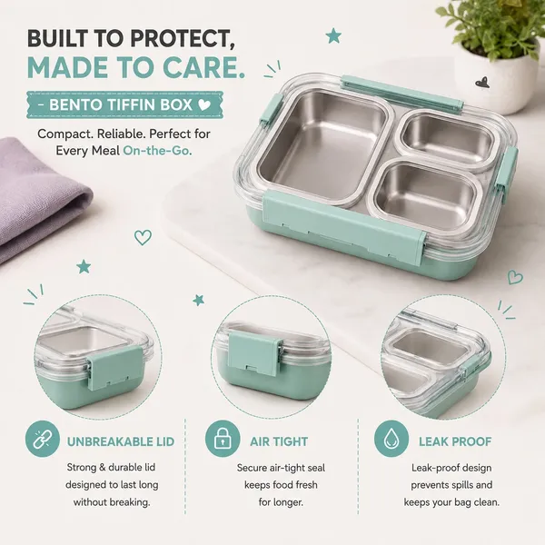 Kakiko™_Bento_Trio_Stainless_Steel_Lunch_Box_for_Kids_&_Adults_|_3_Compartments_|_Airtight_&_Leakproof_Tiffin_Box_|_BPA_Free_|_Food_Grade_|_Secure_Locking_Clips_|_Dishwasher_Safe_|_School,_Office_&_Travel_Lunch_Box_-_Sea_Green_colour