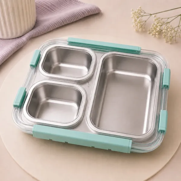 Kakiko™_Bento_Trio_Stainless_Steel_Lunch_Box_for_Kids_&_Adults_|_3_Compartments_|_Airtight_&_Leakproof_Tiffin_Box_|_BPA_Free_|_Food_Grade_|_Secure_Locking_Clips_|_Dishwasher_Safe_|_School,_Office_&_Travel_Lunch_Box_-_Sea_Green_colour