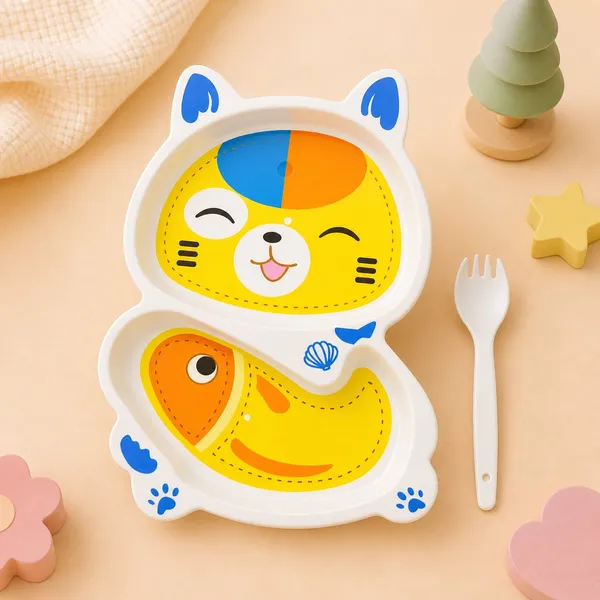 KAKIKO™__Multicolor_Feeding_Plate_With_Spoon_2_Compartment_Cartoon_Divided_Plate_For_Toddlers_Self_Feeding_Training_Plate_For_Babies_And_Kids