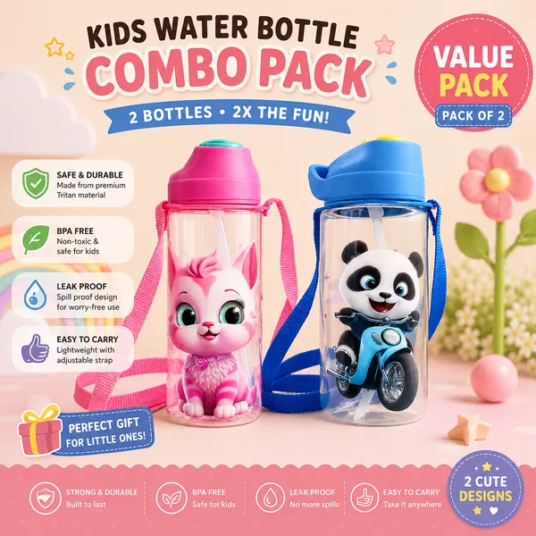 KAKIKO™_Pack_of_2_Water_Bottle_500_ML_–_BPA_Free,_Non-Toxic,_Leakproof_with_Silicone_Spout_&_Straw,_Adjustable_Strap,_Easy_Grip,_School_Water_Bottle_for_Girls_&_Boys
