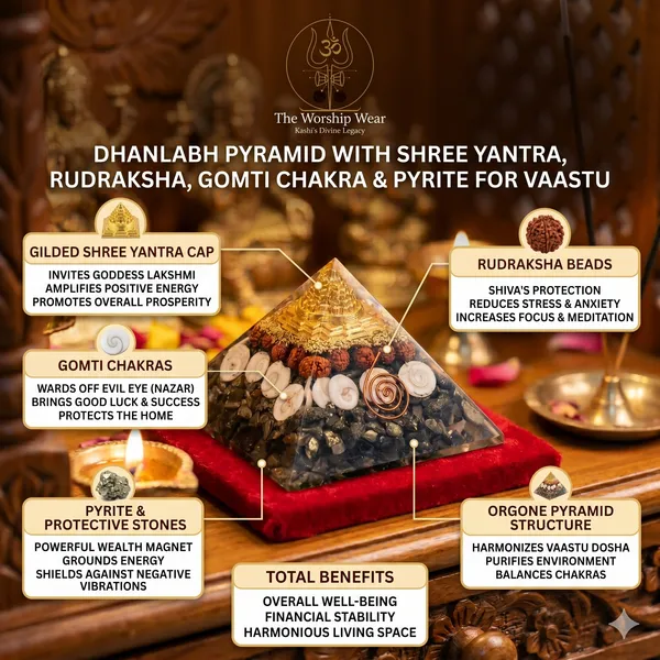 Dhanlabh_Pyramid_with_Shree_Yantra,_Rudraksha,_Gomti_Chakra_&_Pyrite_for_Vaastu
