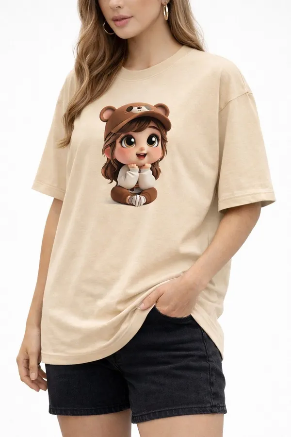 Beige_Pure_Cotton_Round_Neck_Graphic_Print_And_Cartoon_T_Shirt_For_Women