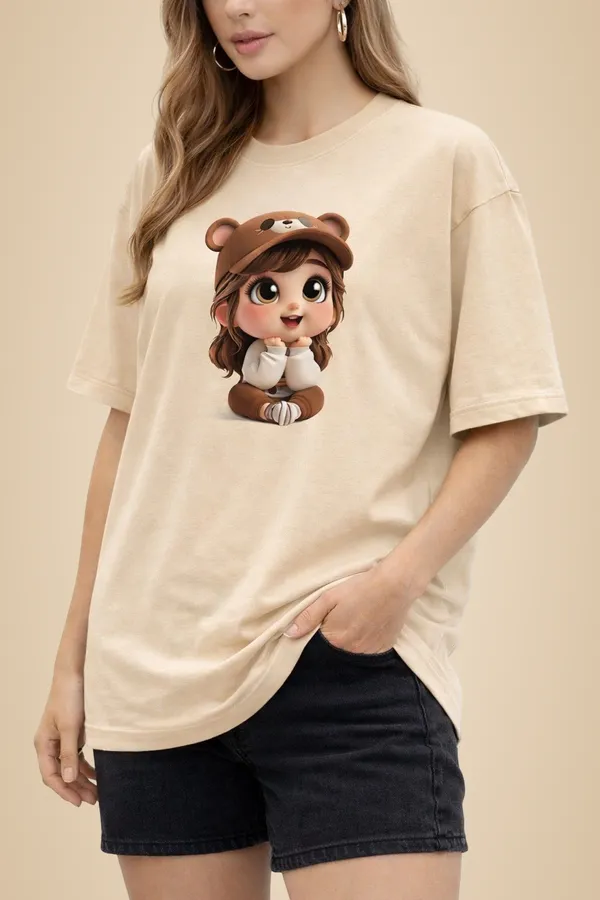 Beige_Pure_Cotton_Round_Neck_Graphic_Print_And_Cartoon_T_Shirt_For_Women