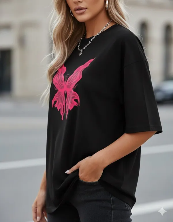 Black_Cotton_Blend_Round_Neck_Graphic_Print_And_Embroidered_And_Animal_Print_T_Shirt_For_Women
