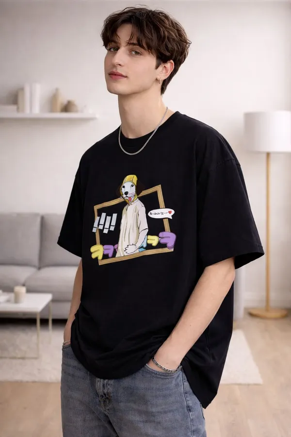 Black_Pure_Cotton_Round_Neck_Graphic_Print_And_Animal_Print_T_Shirt_For_Men
