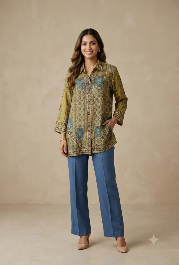 Ajrak_Printed_Green_Shirt_with_intricate_traditional_prints_and_elegant_detailing,_perfect_for_a_stylish_and_comfortable_everyday_look.