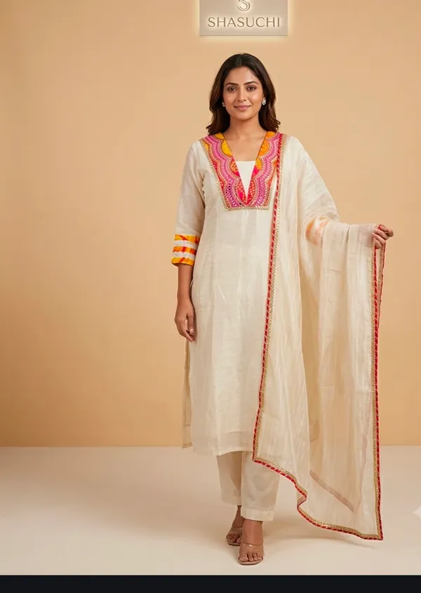 Elegant_off-cream_Mul_Chanderi_with_a_beautiful_Bandhej_neckline�light,_graceful_and_perfect_for_festive_celebrations_and_party_wear.