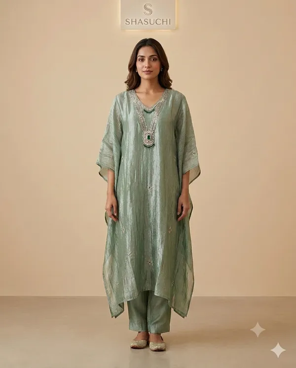 Elegant_sage_green_kaftan_with_beautiful_embellished_detailing,_perfect_for_cocktail_parties,_Diwali_celebrations_and_festive_evenings.