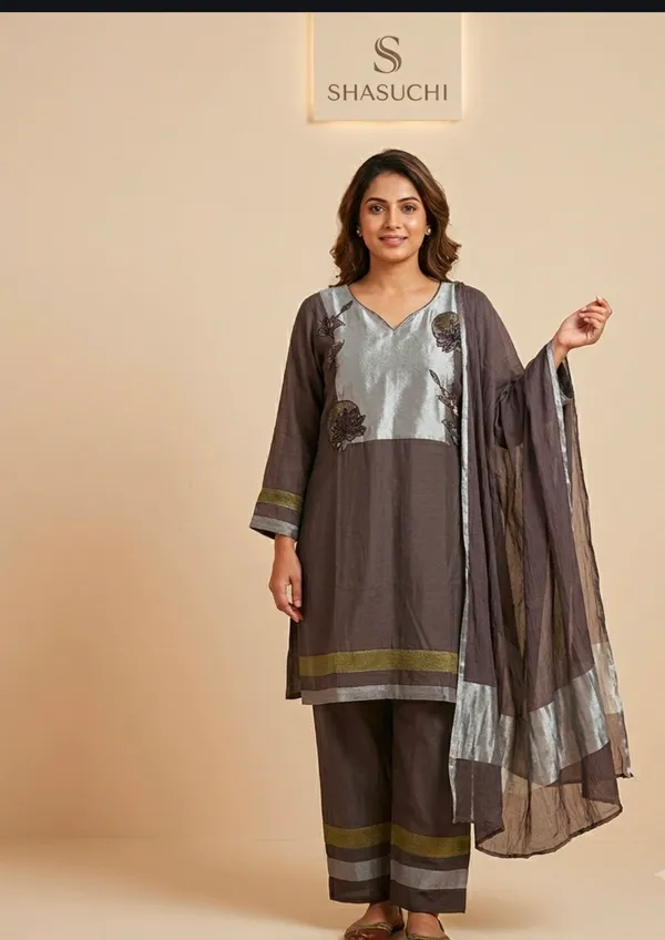 Elegant_chocolate_brown_kurta_set_with_silver_and_golden_border_detailing,_delicate_floral_embroidery,_and_a_lightweight_dupatta,_perfect_for_festive_and_evening_occasion