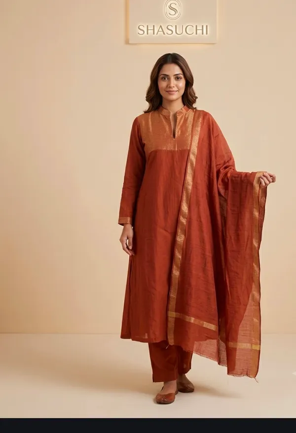 Elegant_choco_brown_kurta_set_with_a_stylish_neckline_and_delicate_golden_border_detailing,_perfect_for_a_graceful_festive_look.