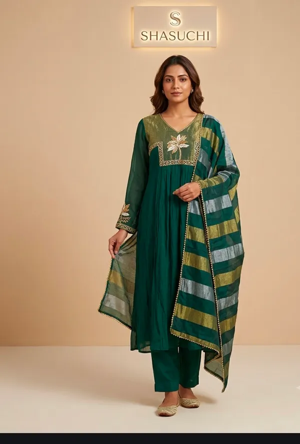Elegant_deep_green_kurta_set_with_beautiful_hand_embroidery_at_the_neckline_and_a_stylish_striped_dupatta,_perfect_for_festive_occasions.