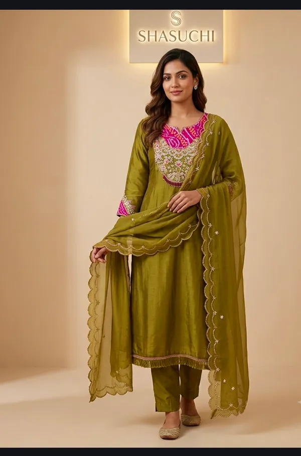 Elegant_olive_green_kurta_set_with_beautiful_Bandhej_detailing_and_delicate_embroidery,_perfect_for_festive_celebrations_and_special_occasions.