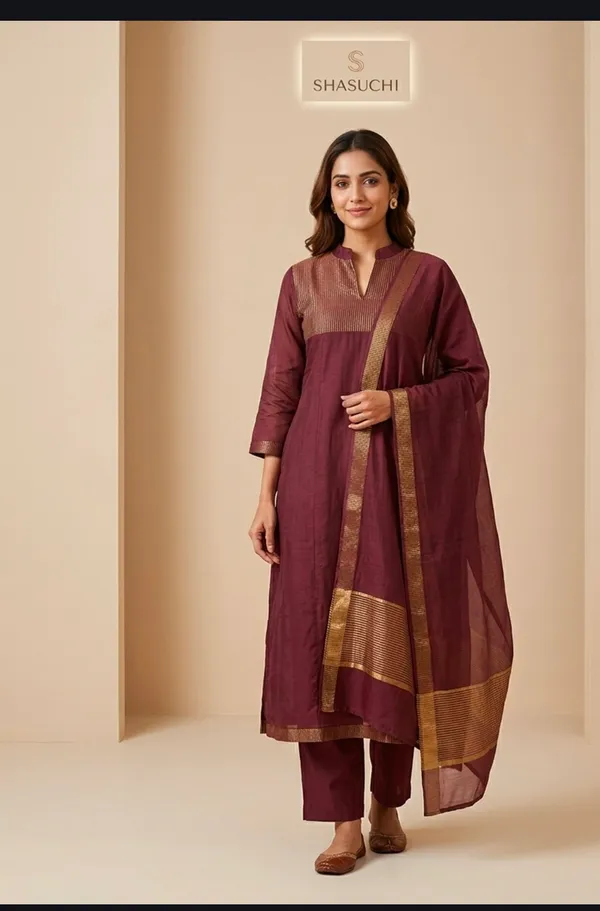 Elegant_rust-coloured_kurta_set_with_a_stylish_neckline_and_delicate_golden_border_detailing,_perfect_for_a_graceful_festive_look.