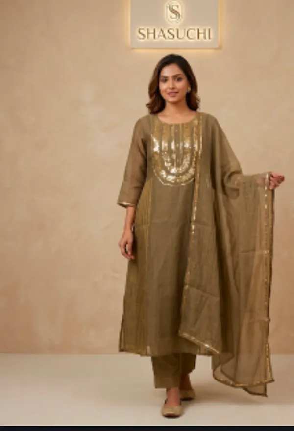 Elegant_camel_brown_festive_kurta_set_with_beautiful_golden_sequin_work_and_a_delicate_dupatta,_perfect_for_festive_occasions_and_evening_celebrations.