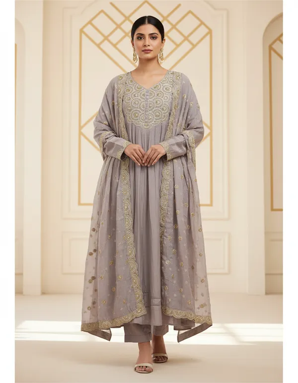 Grey_Mul_Chanderi_Kurta_Pant_Set_For_Women
