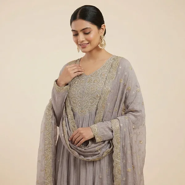 Grey_Mul_Chanderi_Kurta_Pant_Set_For_Women