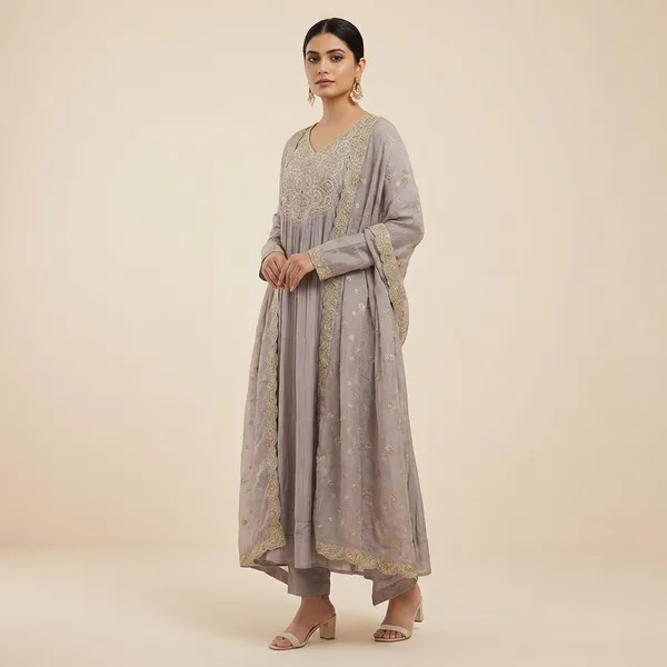 Grey_Mul_Chanderi_Kurta_Pant_Set_For_Women