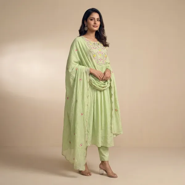 Green_Mul_Chanderi_Kurta_Pant_Set_For_Women