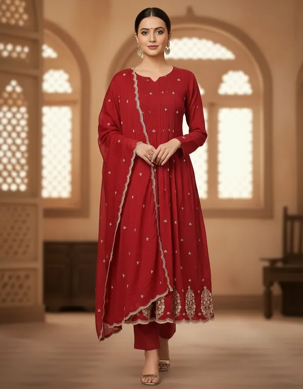 Red_Mul_Chanderi_Kurta_Pant_Set_For_Women