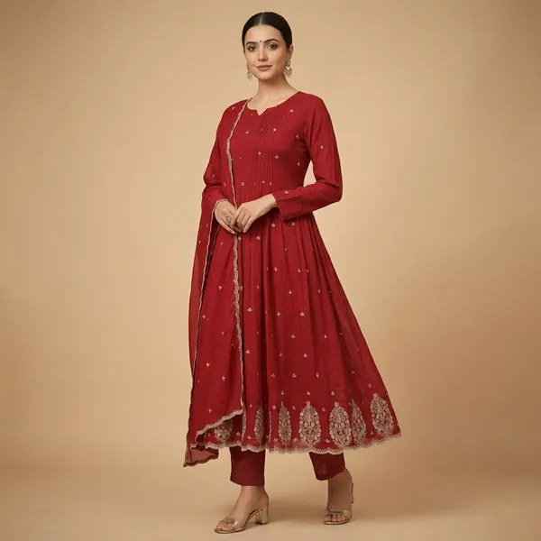 Red_Mul_Chanderi_Kurta_Pant_Set_For_Women