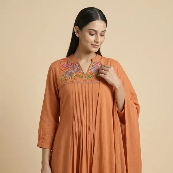 Rust_Mul_Chanderi_Kurta_Pant_Set_For_Women