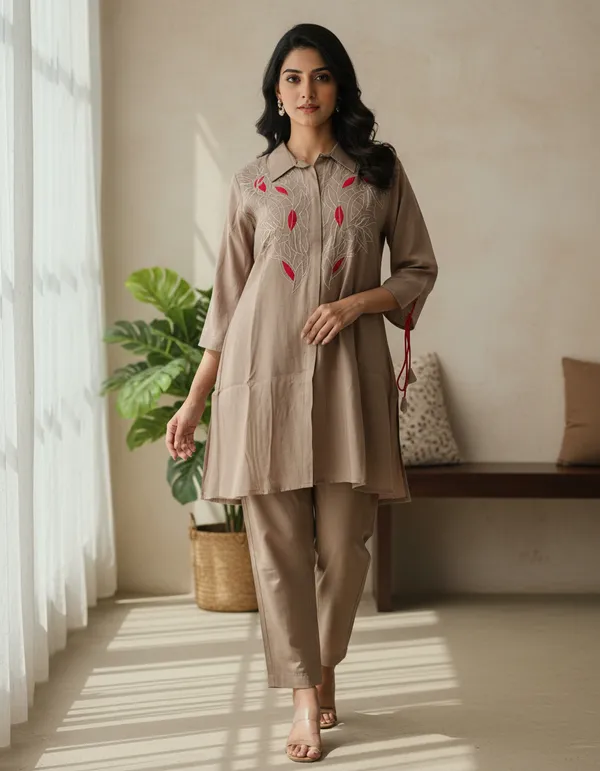 Light_Brown_Linen_Lycra_Kurta_Pant_Set_For_Women