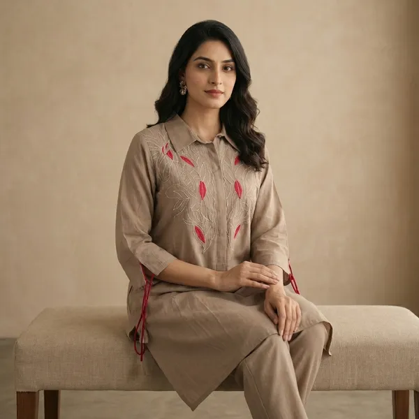 Light_Brown_Linen_Lycra_Kurta_Pant_Set_For_Women
