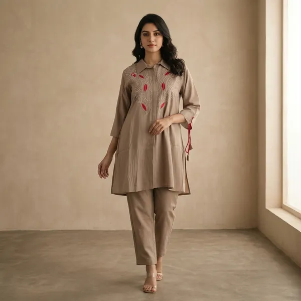Light_Brown_Linen_Lycra_Kurta_Pant_Set_For_Women