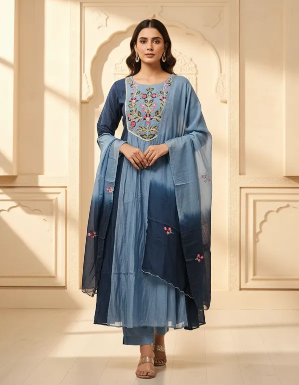 Blue_Mul_Chanderi_Kurta_Pant_Set_For_Women
