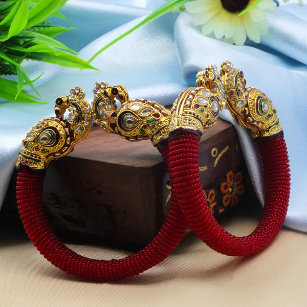 Red_And_Gold_And_Green_Traditional_Silk_Thread_With_Peacock_Design_Bangle_Set_For_Women