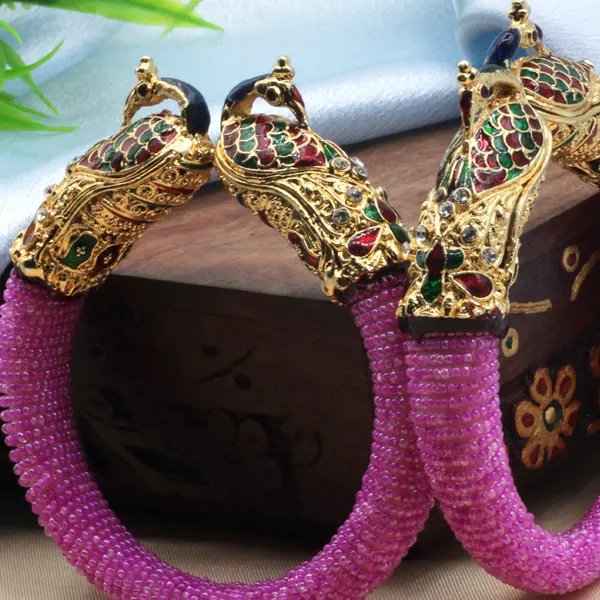 Multicolor_Gold_Plated_Peacock_Design_With_Pink_Beaded_Wrap_Bangles_For_Women_(Set_Of_2)