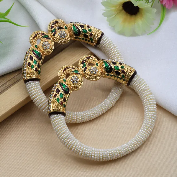 White_And_Gold_And_Green_Elegant_Pearl_And_Stone_Peacock_Bangle_Set_For_Women