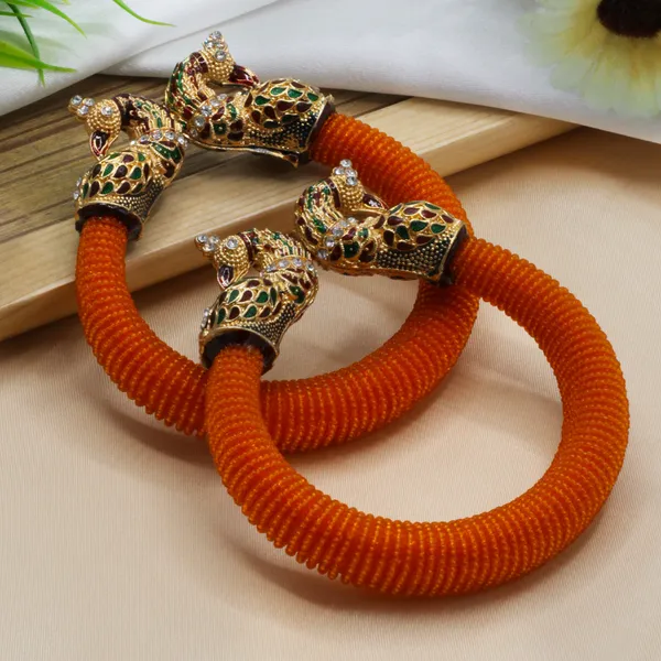 Orange_And_Gold_And_Green_Handcrafted_Orange_Silk_Thread_With_Dual_Peacock_Design_Bangles_For_Women